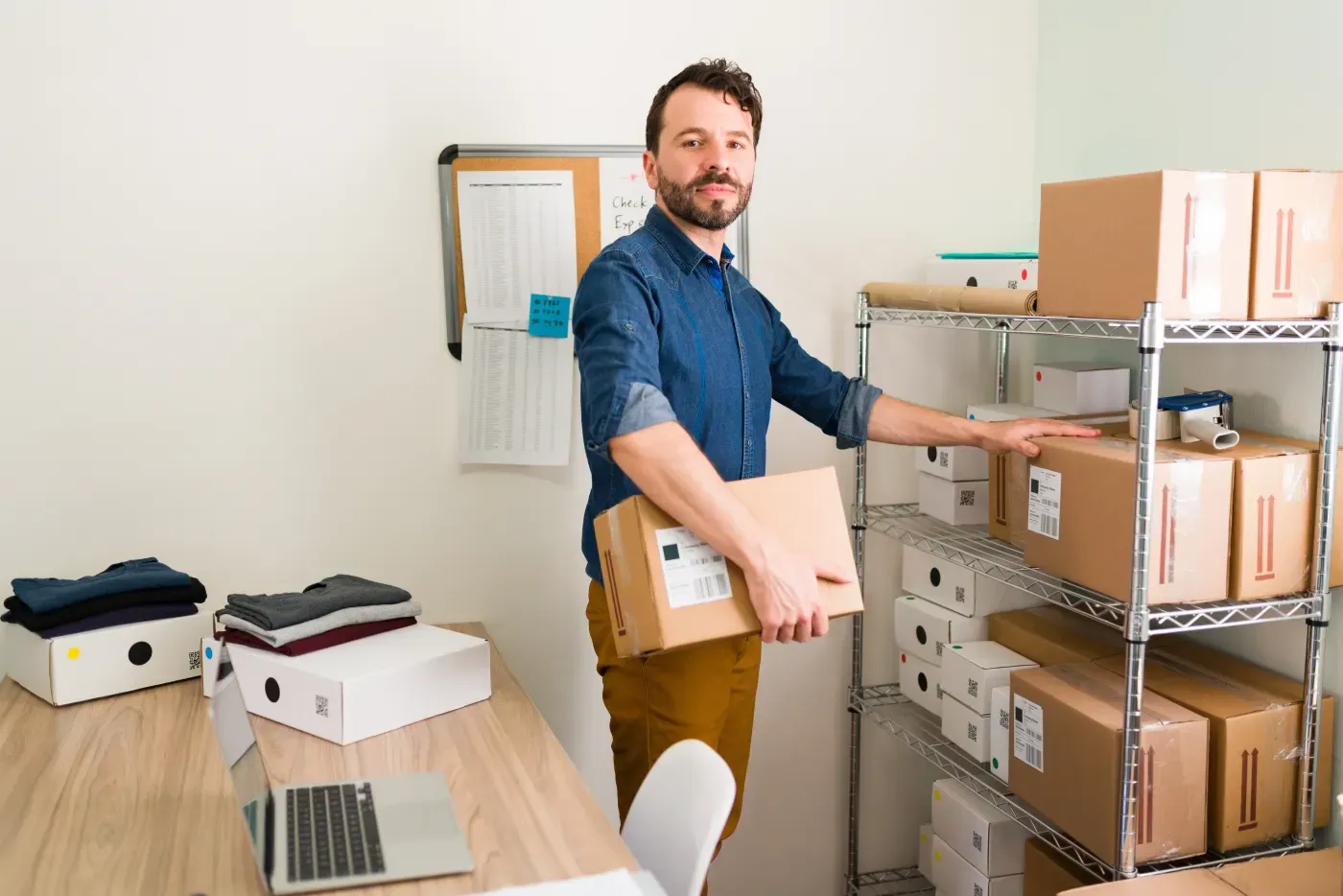 Happy online store owner managing packages for a growing business